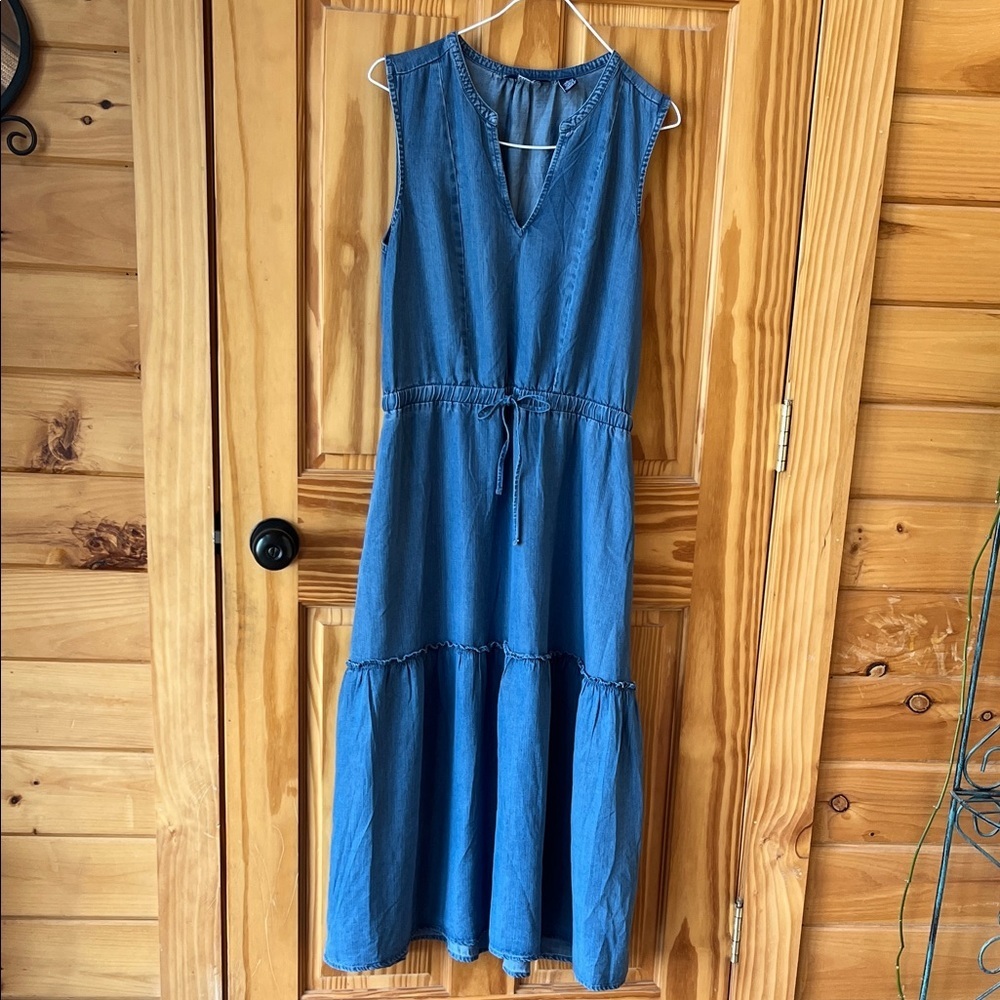 Lands End Sleeveless Blue V-Neck Denim Midi Dress with Drawstring Waist- Size S